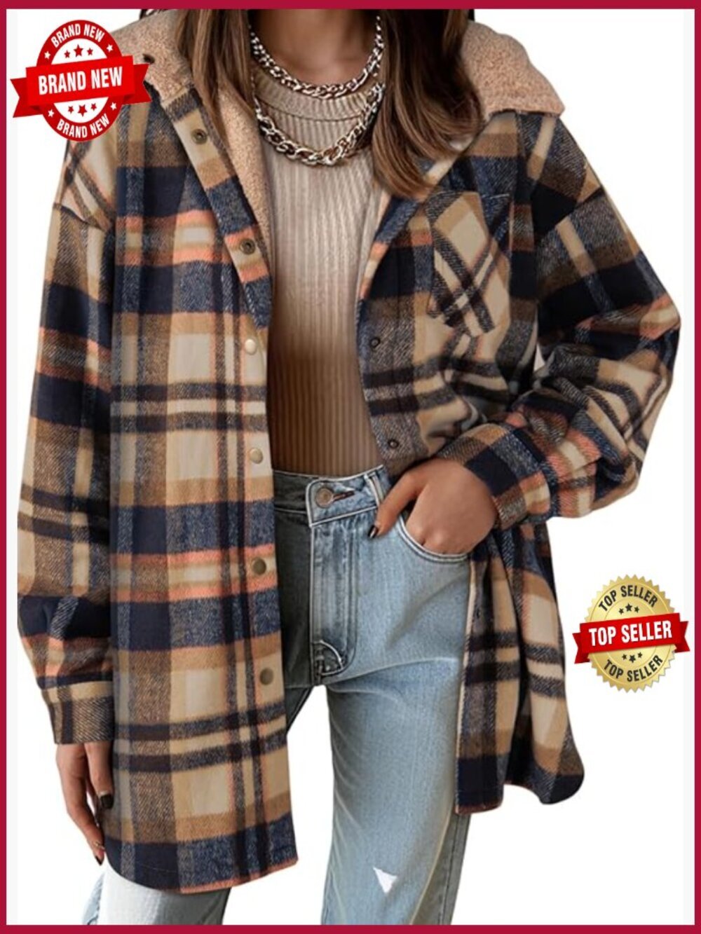 Flannel Plaid Shacket Thick Coat Womens Button Down Warm Fleece Jacket